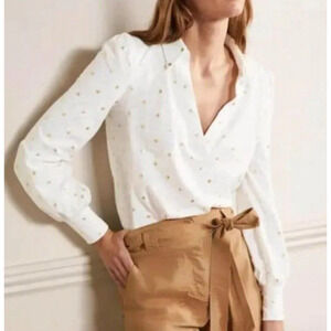 Boden Size 20/22 XL Long Sleeve Top Collared Notch Neck Cotton Ivory Gold Flower